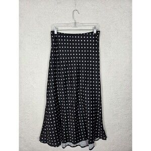 Womens Polka Dot Satin A-Line Skirt S Black White Long Lined Slit Retro Modest